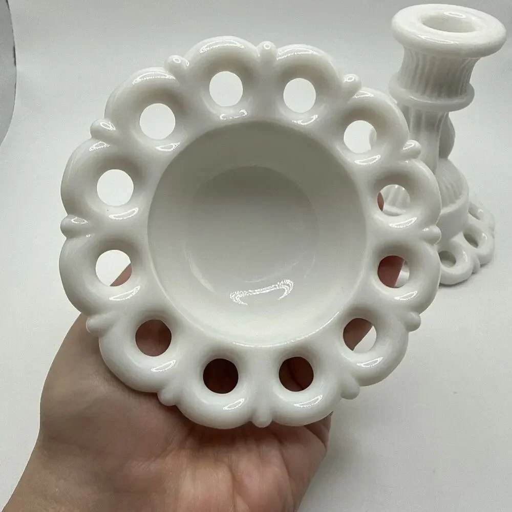 Vtg 50s Westmoreland Milk Glass Open Candlesticks Lace Doric Coquette Pair MCM